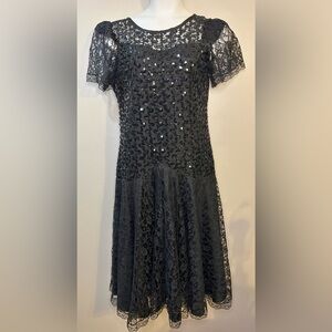 Vintage 80s Heavily Sequined Tulle Lace Drop Waist Cocktail Party Dress S/M USA